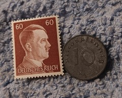 1943 German 10 Pfenning ~ km#101 , WW2 Germany ~ + 60pf. Stamp