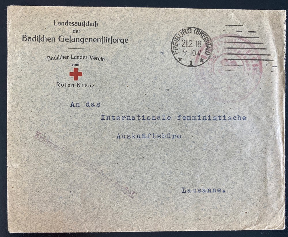 1918 Freiburg Germany POW Welfare Red Cross Cover To Lausanne Switzerland
