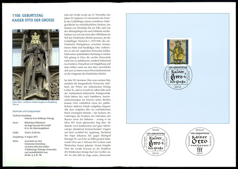 GERMANY FOLDER 2012/33 KAISER OTTO DER GROSSE MAGDEBURG SKULPTUR