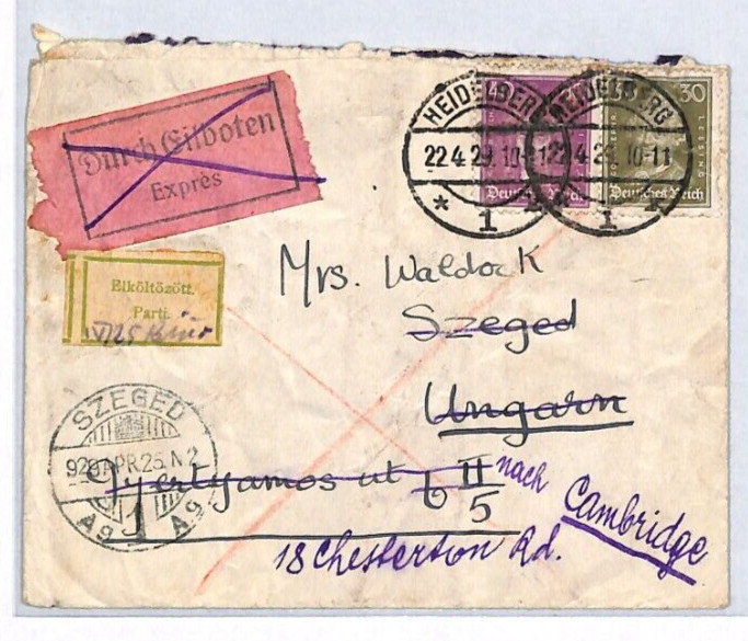 GERMANY Cover Heidelberg EXPRESS Mail 1929 HUNGARY Forwarded GB Cambridge YV372