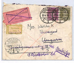 GERMANY Cover Heidelberg EXPRESS Mail 1929 HUNGARY Forwarded GB Cambridge YV372
