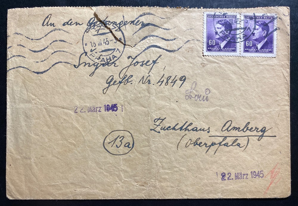 1945 Prague Bohemia Moravia Cover To Amberg Germany Gestapo Prison Ingar