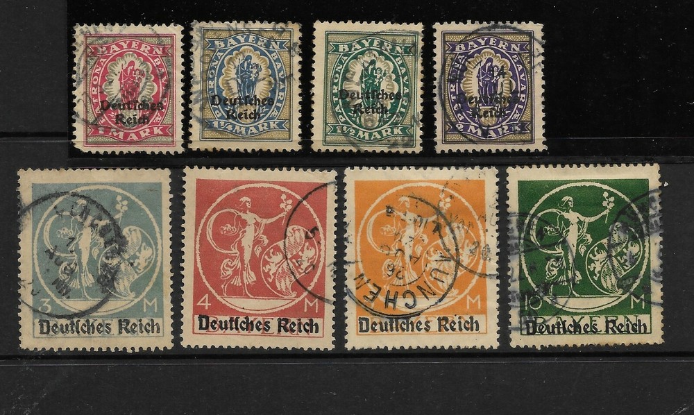 Germany Bavaria Scott #266-269, #271-274 used overprinted „Deutiches Reich“