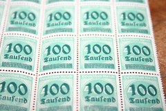 Rare ¼ Sheet of 25 Deutsches Reich (1923) 400 Mark 100 Tausend Overprint Stamps