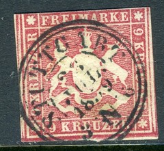 Germany 1857 Wurttemburg 9kr Carmine Rose Scott #11 VFU A393