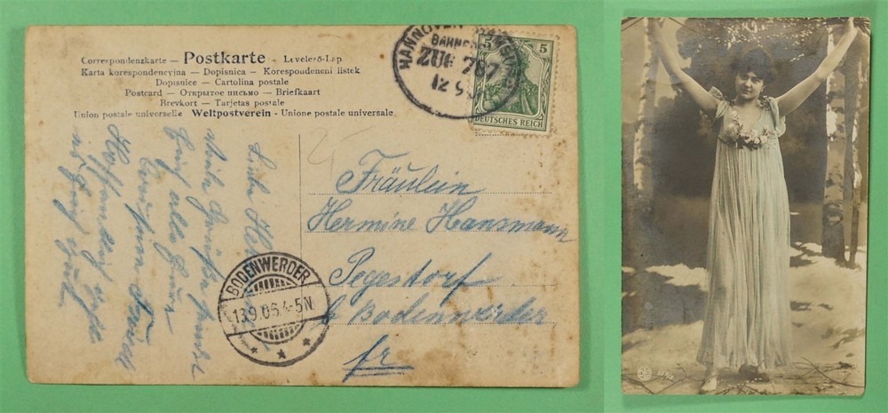 DR WHO 1906 GERMANY BAHNPOST TPO PRETTY LADY POSTCARD TO BODENWORDER R36950