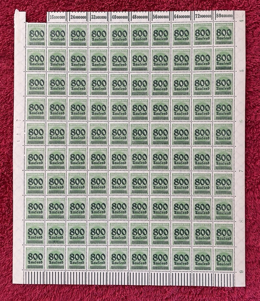 Germany #268, 800,000marks over 1000mk Hyperinflation Mint sheet/100 (R12-107/1)