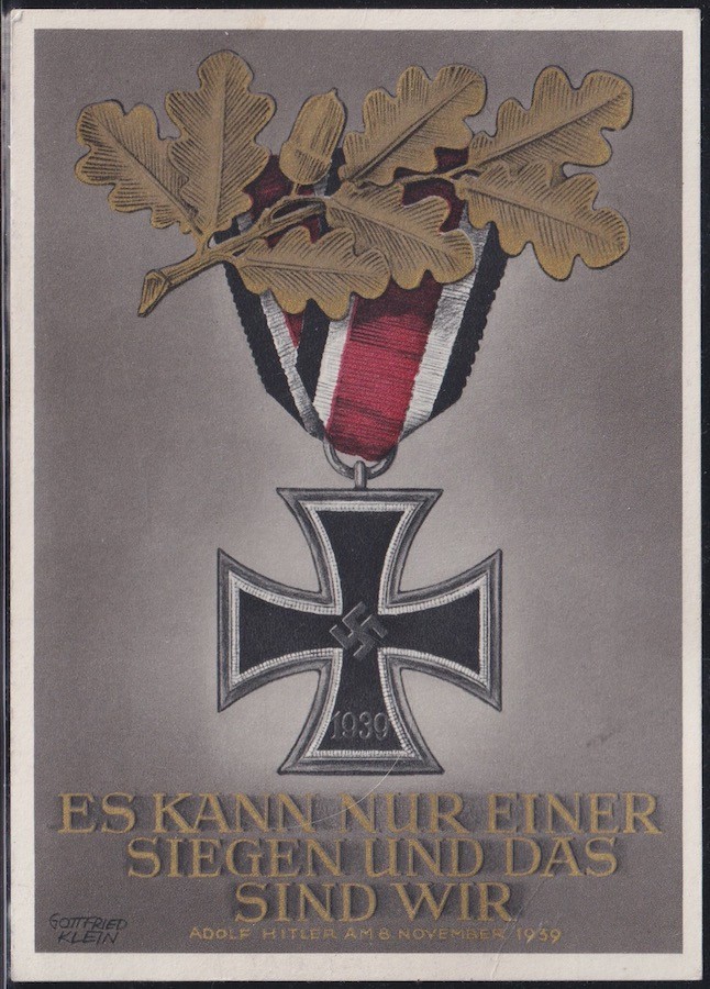 VINTAGE GERMAN 1939 POSTCARD for 2nd CLASS IRON CROSS MEDAL – RARE!! (ITEM0431)
