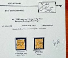 Rare AMG Germany 6 Pfg Brunswick AM POST Brown Label Paper Variety Cert JV Bush