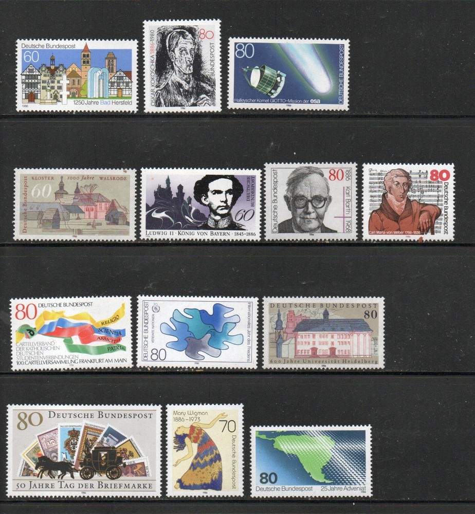 GERMANY – 1986 – COMMEMORATIVE ISSUES – 13 DIFFERENT STAMPS – MNH