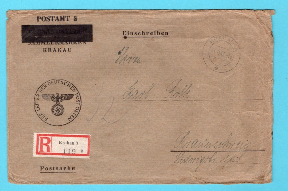 GERMANY occupation of POLAND R cover 1943 Krakau to Braunschweig