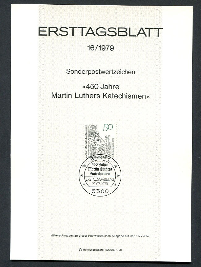 Germany – BRD : Scott # 1296 First Day Sheetlet (ETB) from 1979 Michel # 16/1979
