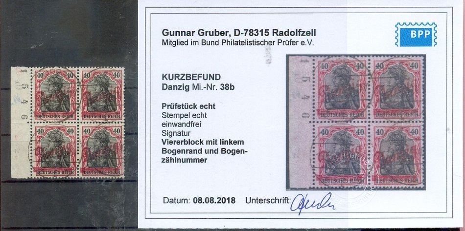 Danzig 38b block of four with sheet counter used BPP certificate -,-EUR (A9848