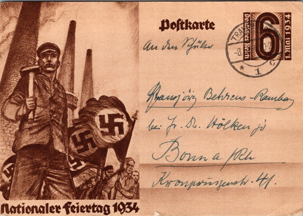 GERMANY 1934 POSTAL ILLUSTRATED STATIONERY POSTCARD NATIONAL DAY ADDRESSED