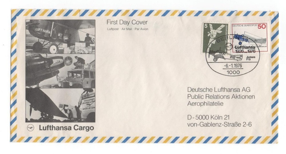 First day cover, Germany, 50th ann. Lufthansa, Lufthansa cachet, insert, 1976