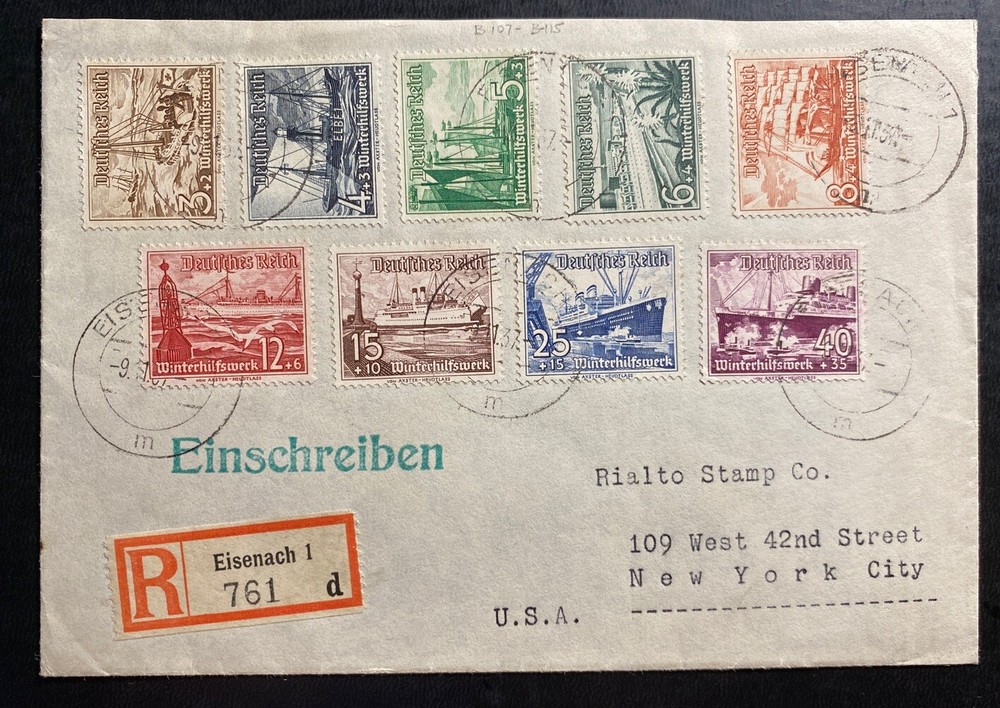 1937 Eisenach Germany Registered cover To New York Usa Sc#B107-115