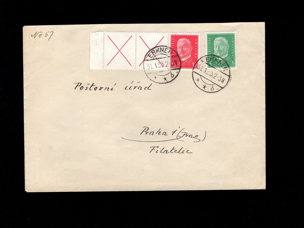 Germany X Selvage x 2 + 15p Hindenburg Zusammen + 5p Erkner 1933 Cover 1h