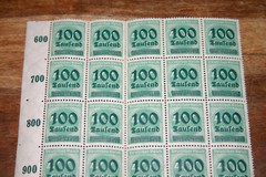 Rare ¼ Sheet of 25 Deutsches Reich (1923) 400 Mark 100 Tausend Overprint Stamps