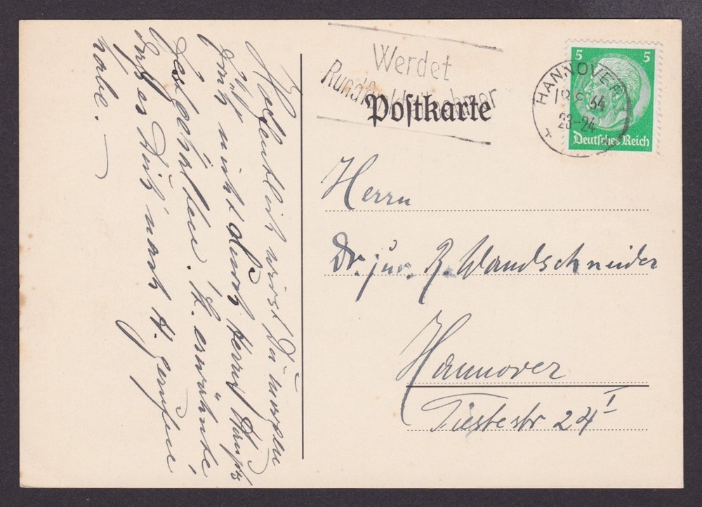 GERMANY 1934, Postcard from Hannover local, Special cancellation
