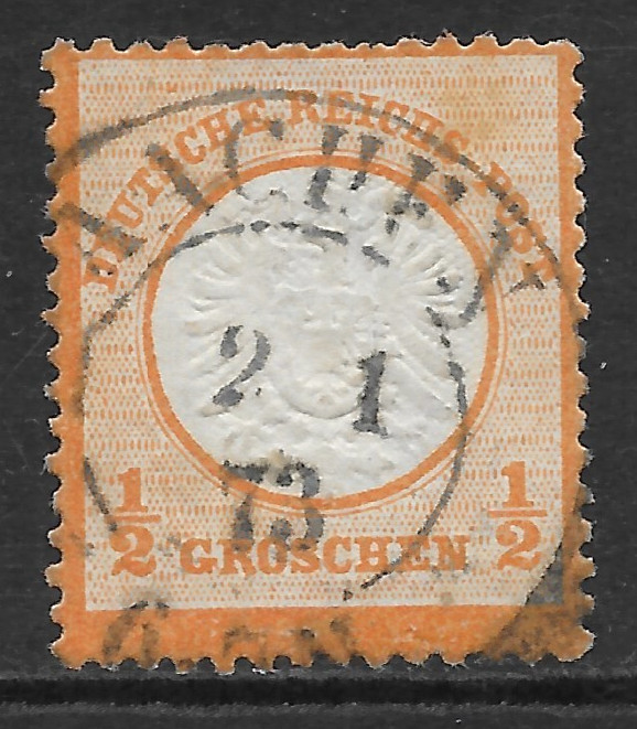 GERMANY SCOTT 16 USED FINE – 1872 1/2gr ORANGE IMPERIAL EAGLE ISSUE