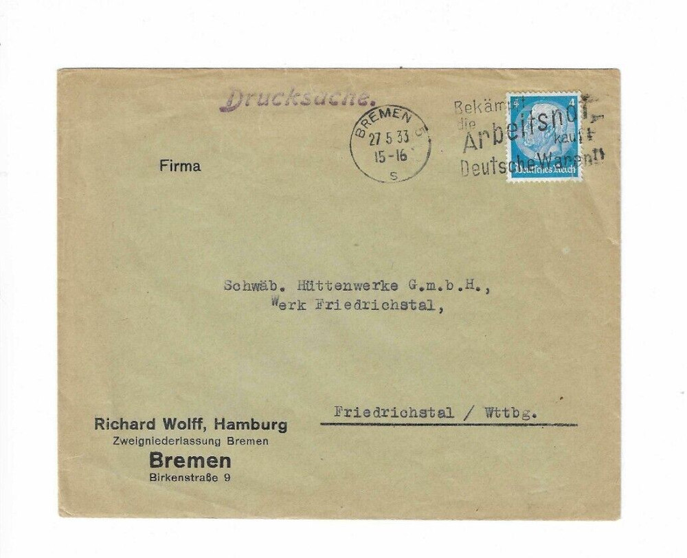 GERMANY 1933 Cover sent from Bremen to Friedrichstal – Slogan Cancel