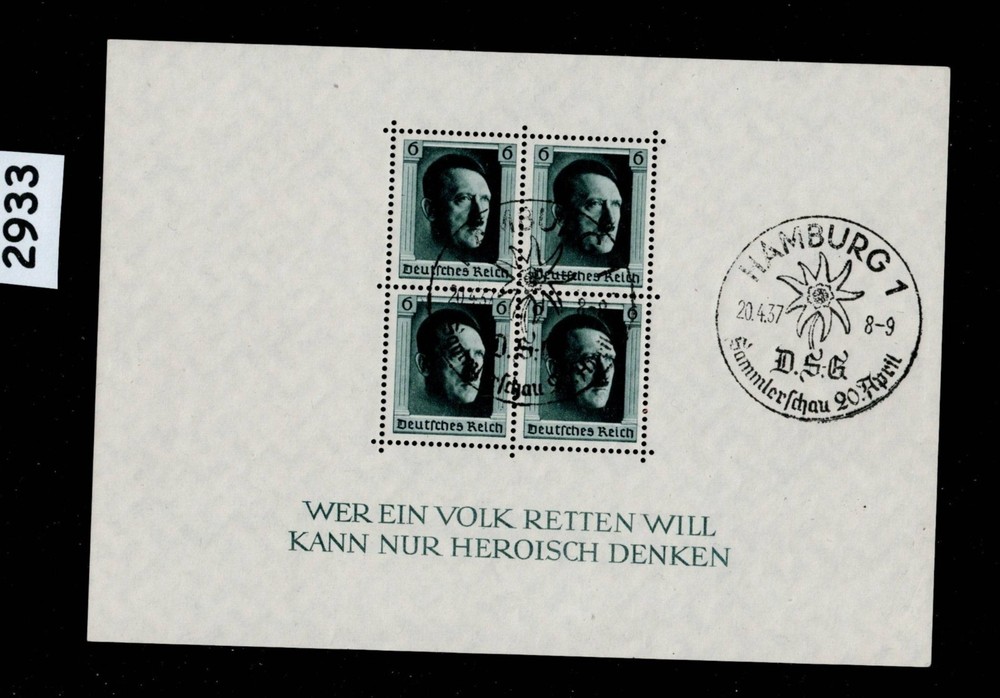 Stamp sheet B102 1937 Adolf Hitler Birthday Hamburg Germany Third Reich #2933