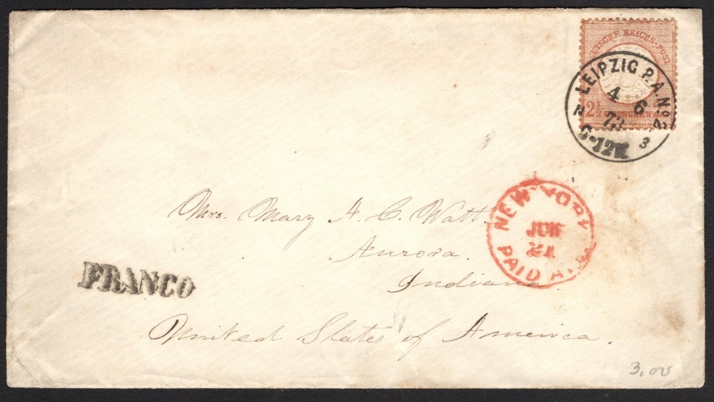 1873 Tans-Atlantic Leipzig, Germany, to Aurora, Ind., Cover w/Scott #19