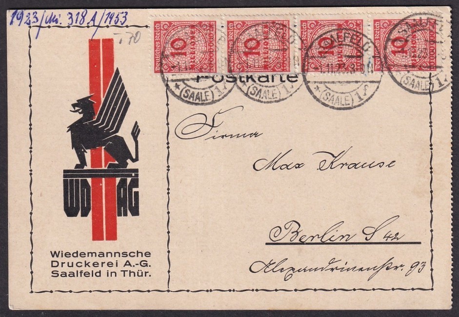 Germany INFLATION 1-11-1923 10,000,000M x 4 on illustrated postcard to BERLIN
