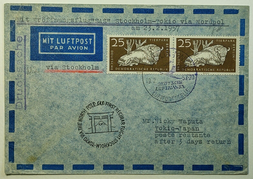 1957 Germany First Flight Stockholm to Tokyo via the North Pole Airmail Cover