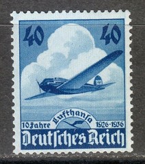 Germany 1936 MNH Mi 603 Sc 469 Lufthansa air service . Airplane with swastika **