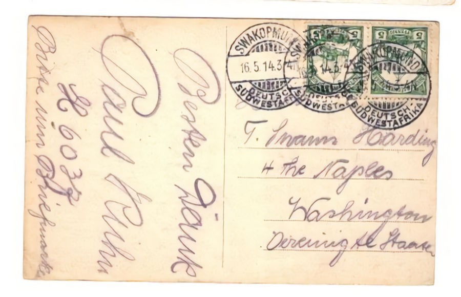 GERMAN SOUTH WEST AFRICA 1914 SWAKOPMUND TO USA on PICTURE CARD