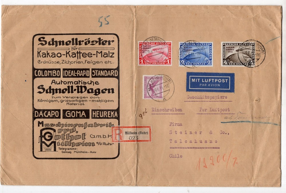 GERMANY 1931 Zeppelin 4rm registered airmail Mulheim to Chile Polar fahrt