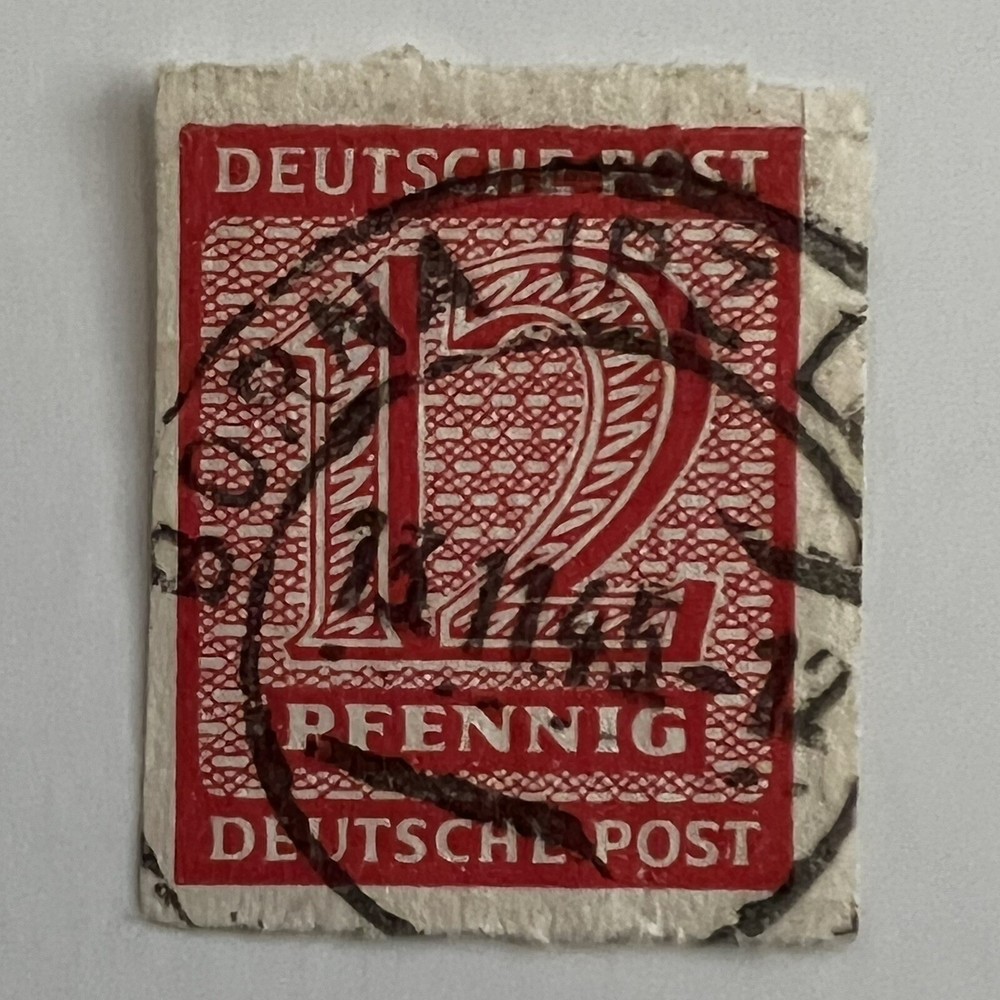 1945 GERMANY 12pf IMPERF STAMP WITH BORNA SON SOTN CANCEL SOVIET OCC WEST SAXONY