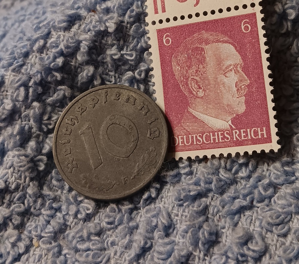 1940 German 10 Pfenning ~ km#101 , WW2 Germany ~ + 6pf. Stamp, Has Flaws