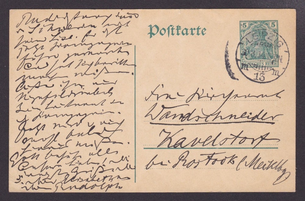 GERMANY 1914, Pre-stamped postcard Mi #P90 from Leipzig to Kavelstorf