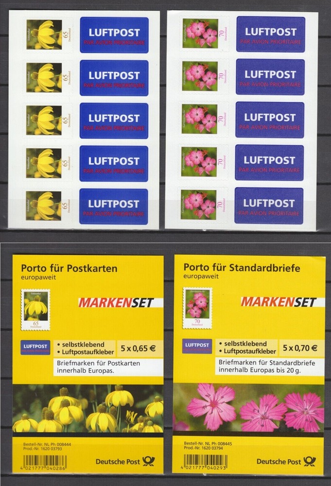 Germany 2009 mi 2715/2716 Flowers Self-adhesive Two Sheets w/Airmail Label MNH