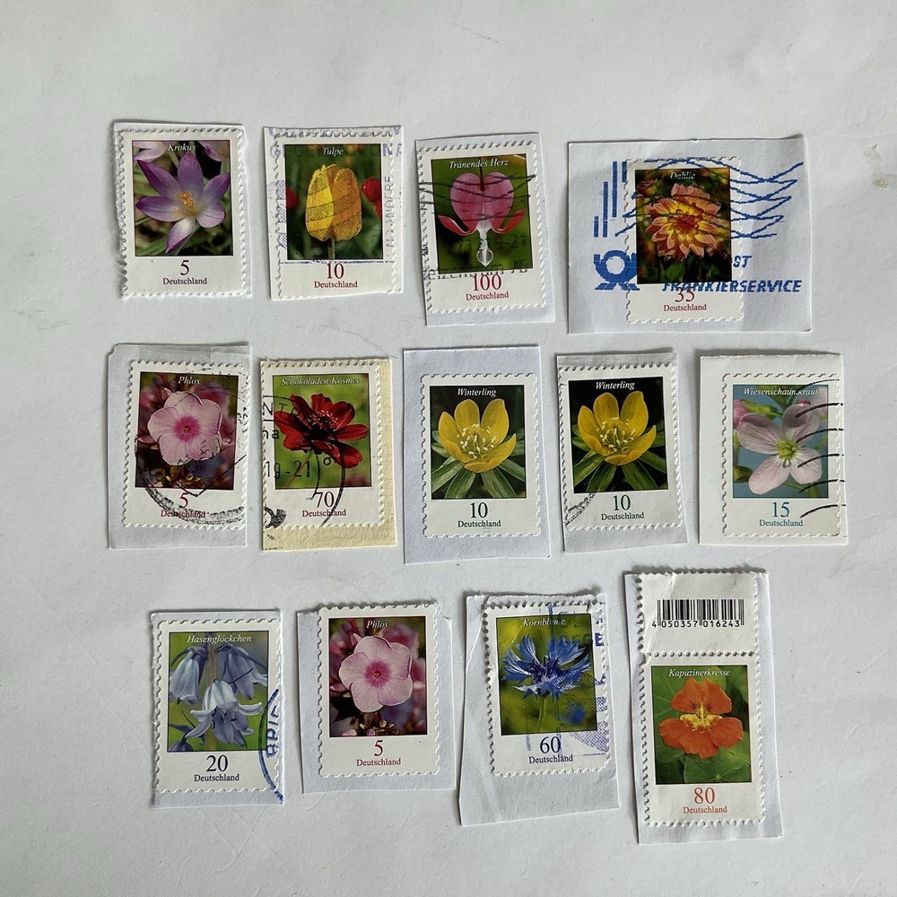 13 Germany stamps~2005-2019~Flowers~nasturtium~cornflower~bleeding heart~cosmos