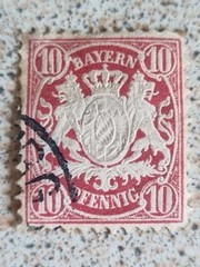 Bavaria 1880s Germany 10pf Carmine Coat of Arms Stamp Embossed Lions Used Ref#j3