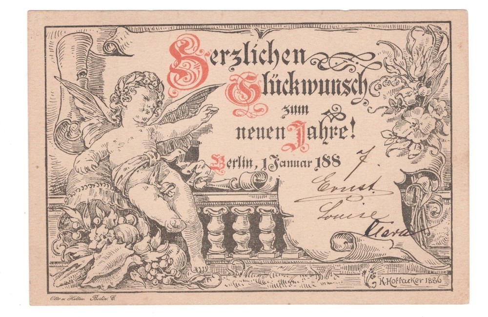 BERLIN GERMANY 1887 ILLUSTRATED POSTAL STATIONERY CARD USED FOR NEW YEAR