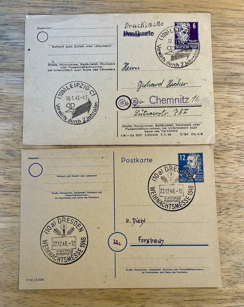 1948 Germany Postal Cards Lot (2) – Leipzig & Dresden Cancels