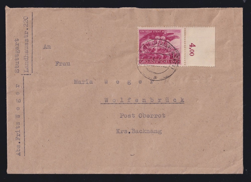 Germany | 1945 | SG 862 | Good Used on Cover – Scarce postally used