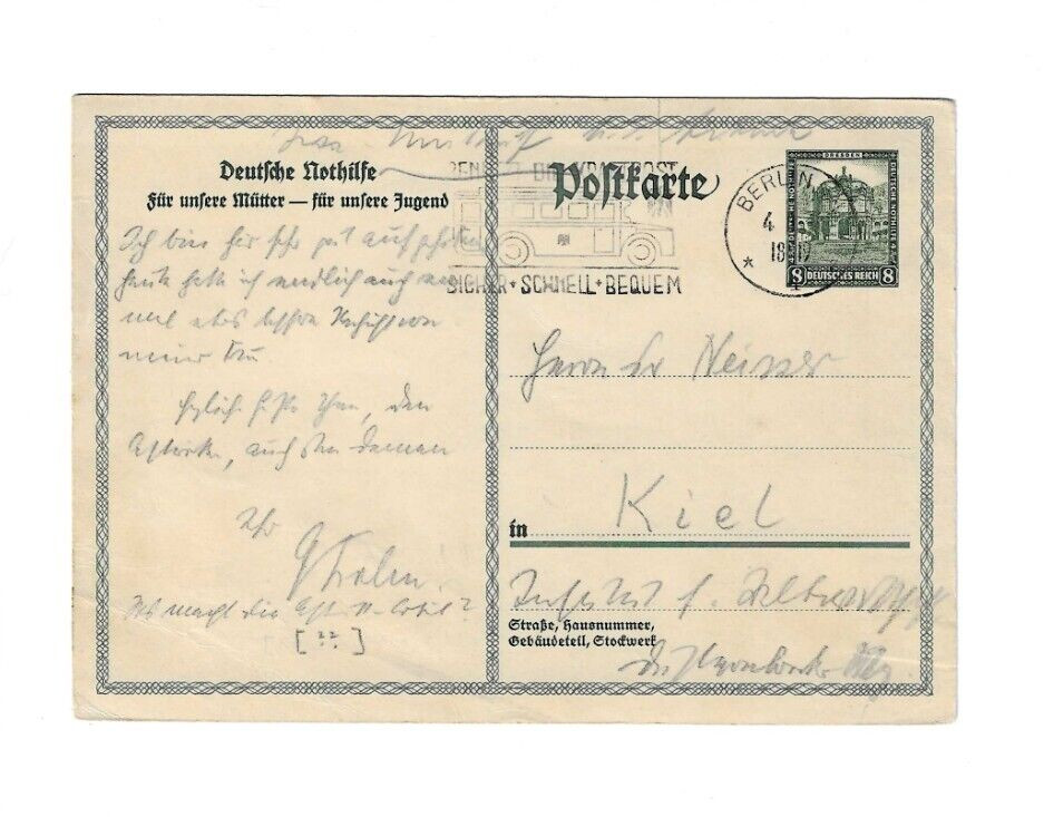 GERMANY 1931 Post Card sent from Berlin to Kiel – Slogan Cancel