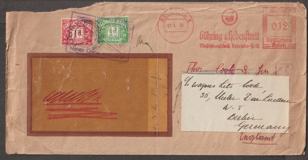 Germany 1939 1d red+1/2p green on window cover