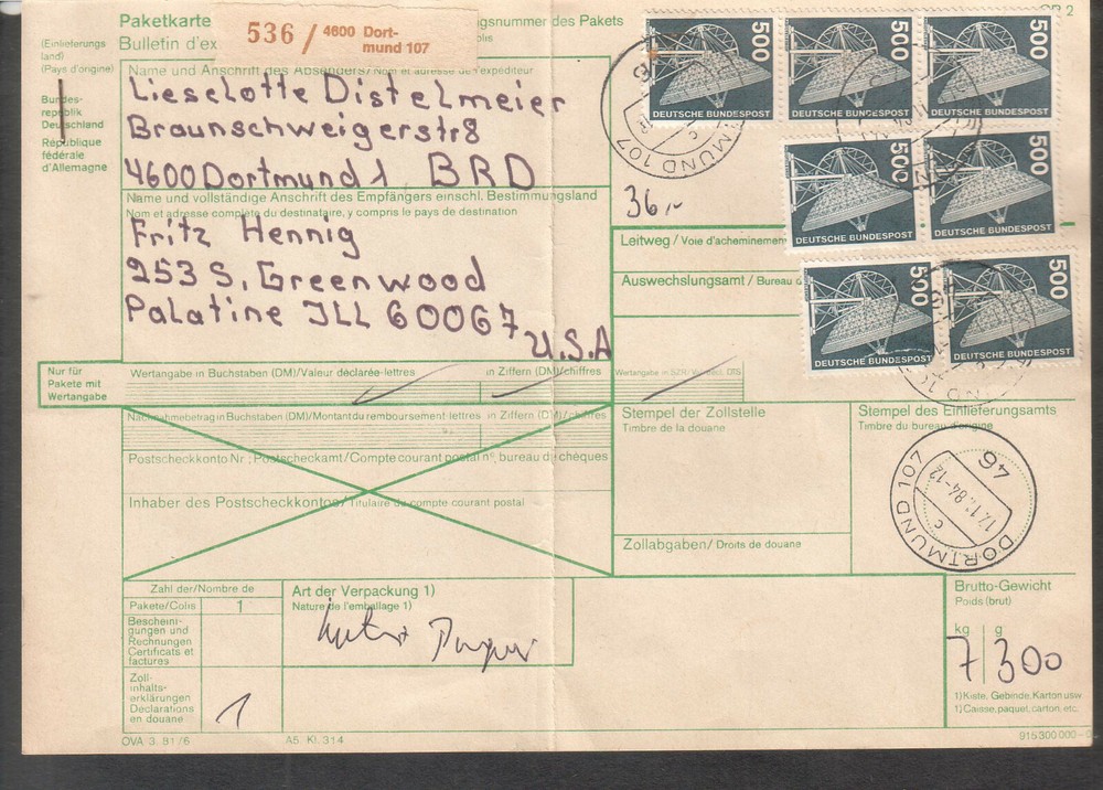 Germany 1984 Paketkarte Dortmund to USA 7 x 500 & 2 x 50 stamps = 36 DM