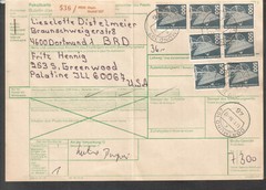 Germany 1984 Paketkarte Dortmund to USA 7 x 500 & 2 x 50 stamps = 36 DM