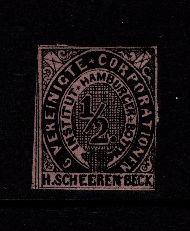 Hamburg 1800s 1/2p Scheerenbeck Blk on Purple MH H Rem HARD Paper – S56054