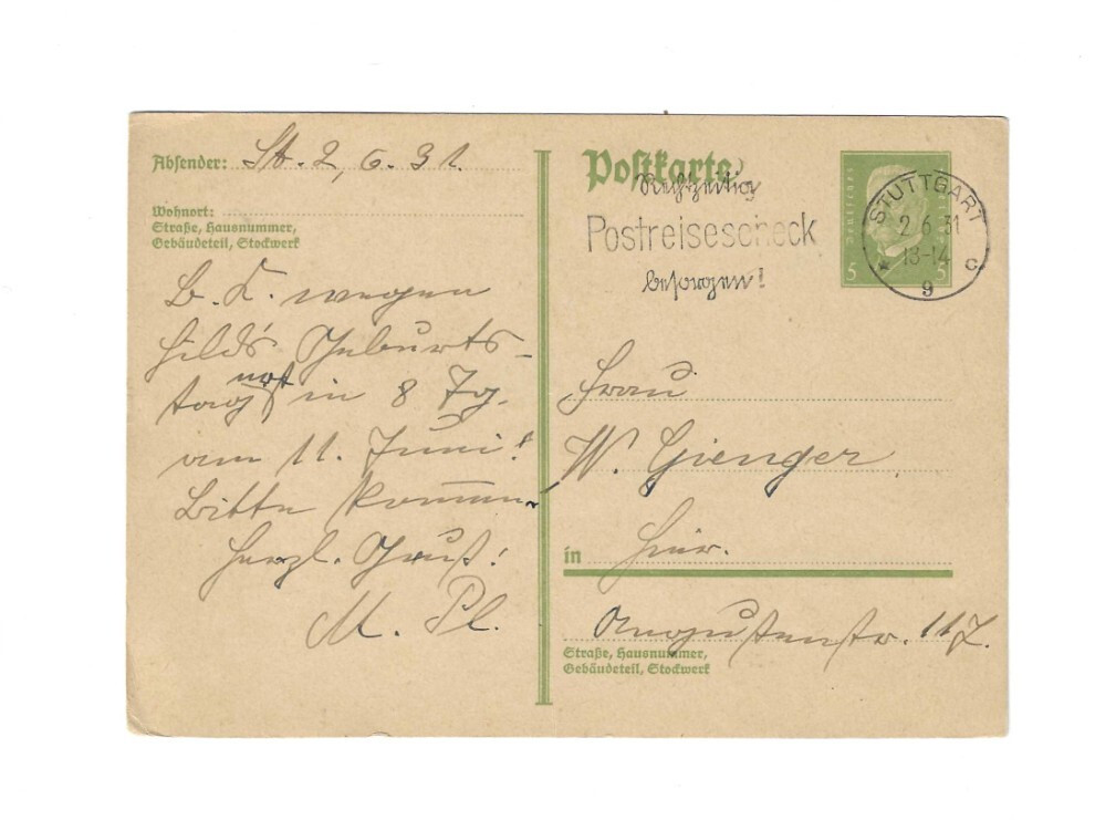 GERMANY 1931 Post Card sent from Stuttgart – Slogan cancel