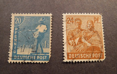 Scott#564 & 565, 1947-48, 20 & 24pf ,Farmers Sowing & Reaping Wheat, Used Stamp