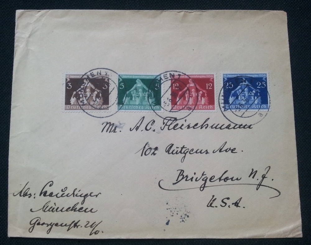 1936 GERMANY TO USA 3 PF, 5 PF, 12 PF & 25 PF POSTALY USED COVER L@@K!