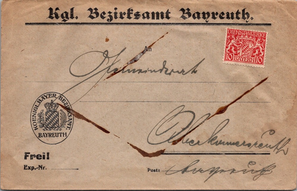 GERMANY 1916-20’S BAYERN POSTAL HISTORY OFFICIAL BAYREUTH SEAL COVER ADDR